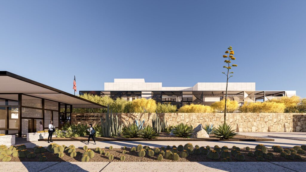 A depiction of the site entrance of the U.S. consulate general in Hermosillo that shows the incorporation of native vegetation in the landscape design.