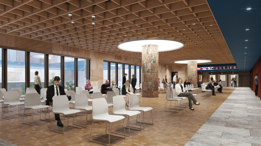 Interior rendering of consular waiting area at the new U.S. embassy Mexico City.