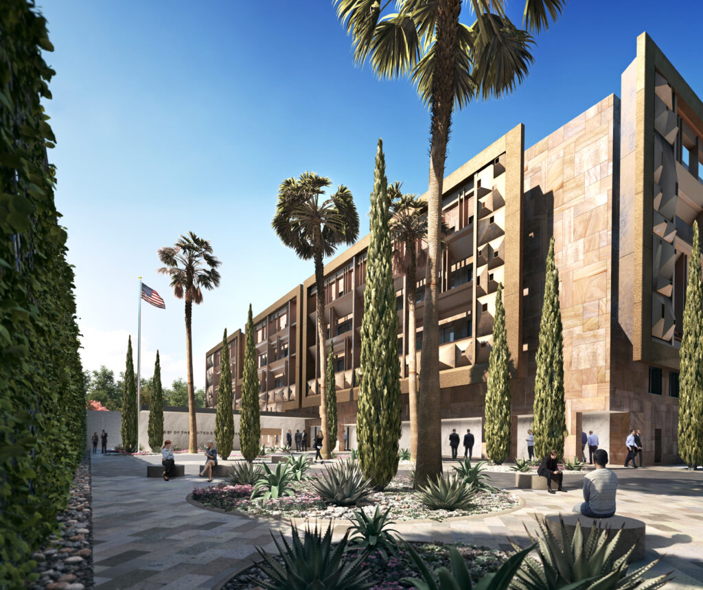 Rendering of the main exterior courtyard at the new U.S. embassy Mexico City.