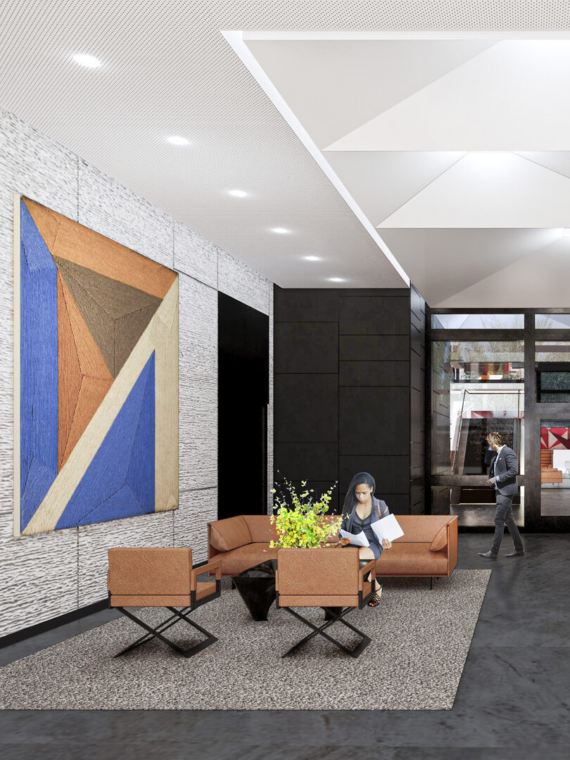 Interior depiction of the new U.S. consulate general in Hermosillo, showcasing neutral material palette with pops of color.