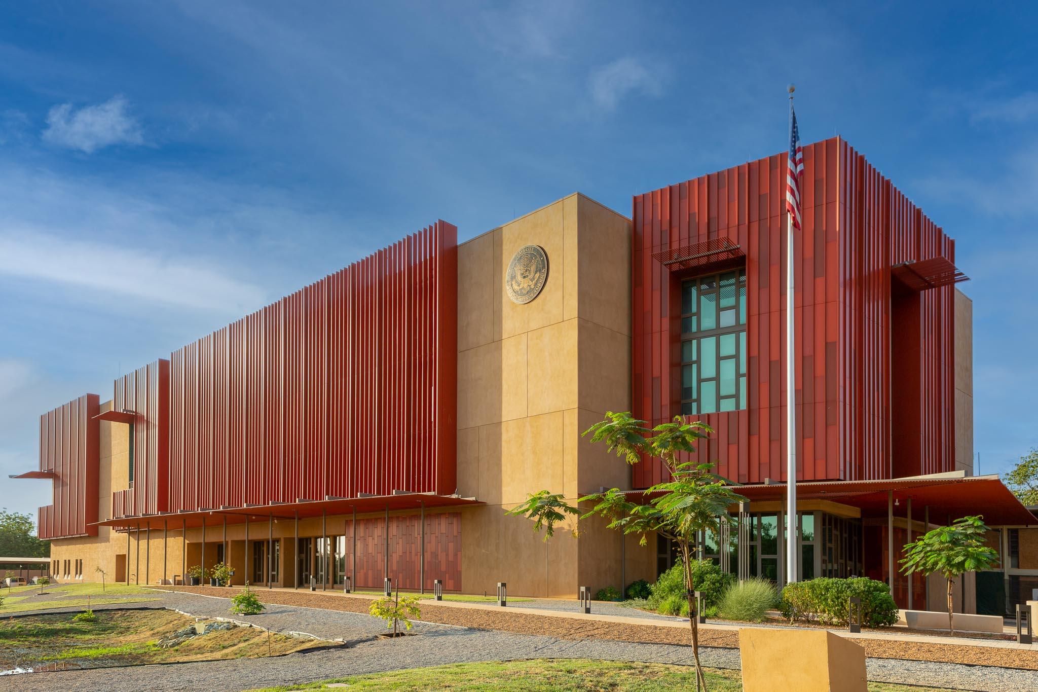 Exterior view of the embassy entrance and south elevation.
